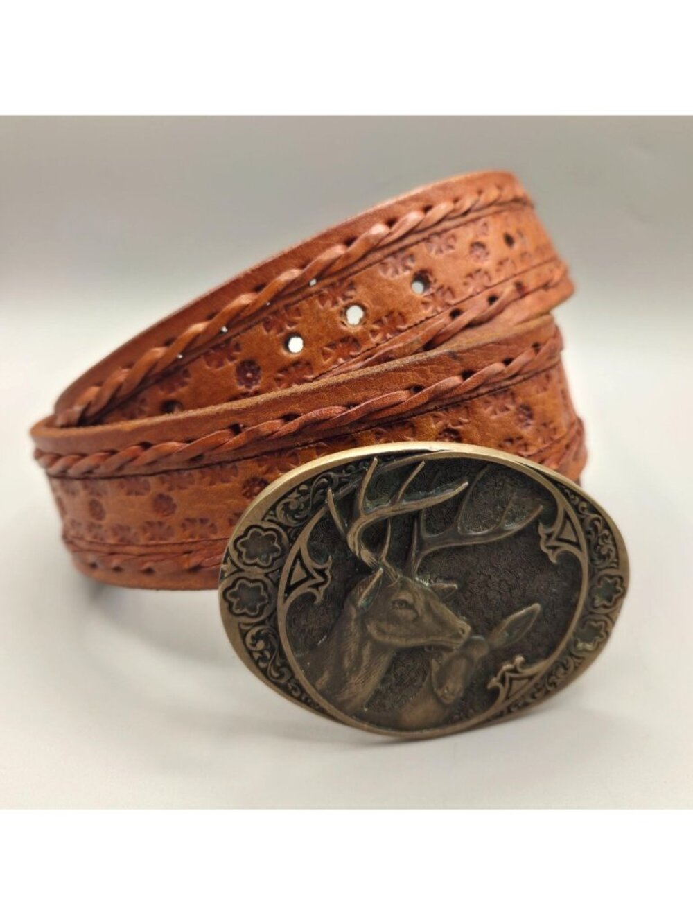 Vintage ADM Solid Brass Buckle Deer Design Tooled Leather Belt Size 38